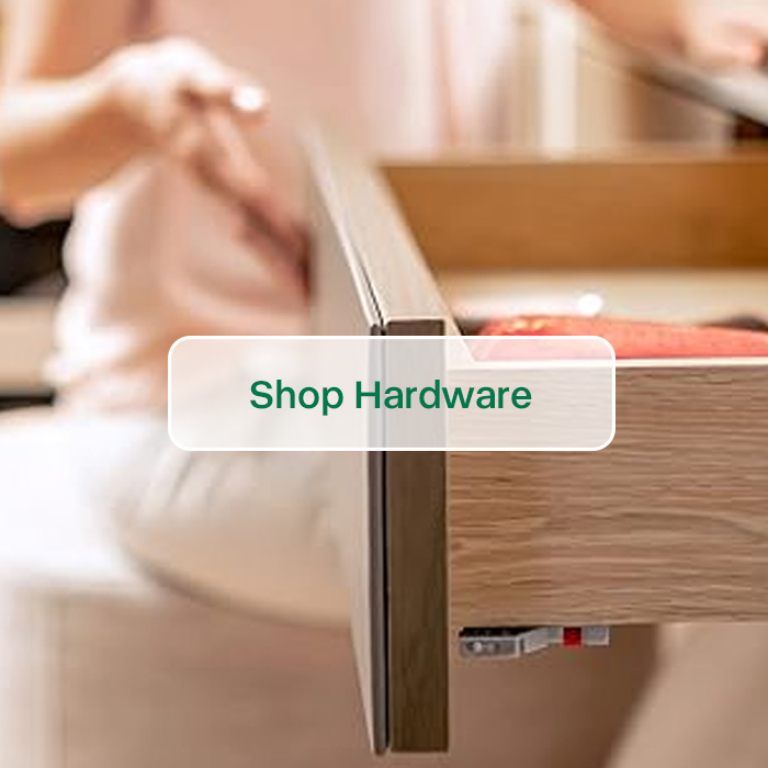 Cabinet hardware including hinges, drawer slides, and edge banding at Mason's Mill