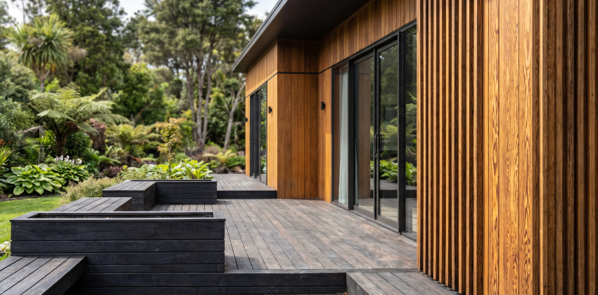 Thermory thermally modified wood decking and cladding on modern home exterior with lush green garden