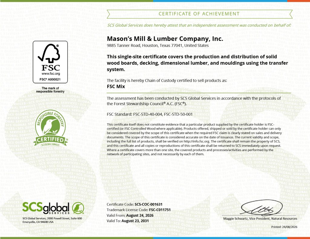 Mason's Mill & Lumber FSC Certificate